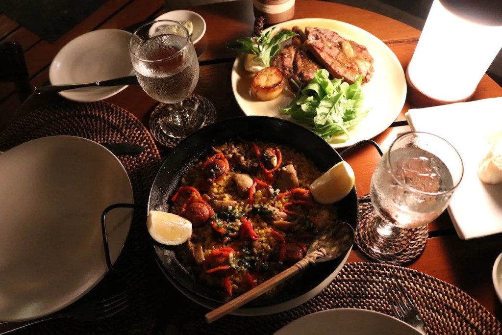 Delicious paella and rib-eye steak at Beach Club